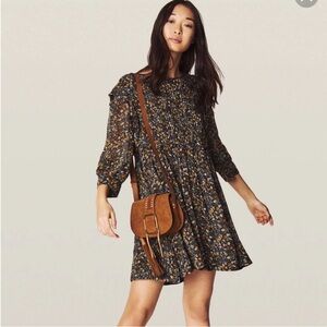 NWT ba&sh Sandra Mini Dress Brown Ruffled Floral Size Medium in Carbone